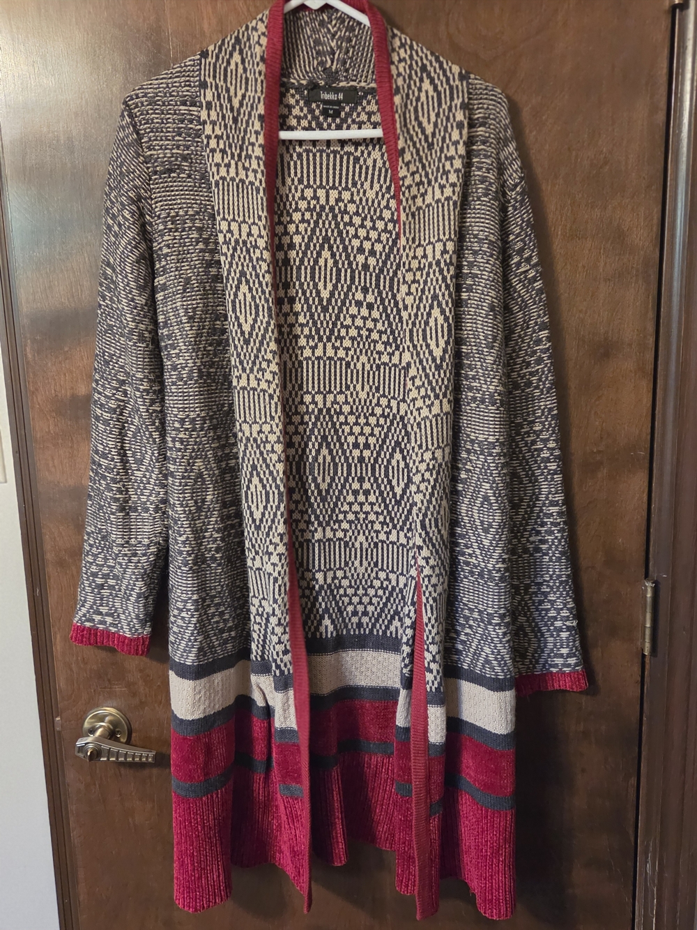Tribekka 44 Women’s Long Open-Front Tribal Knit Cardigan Sweater - Red & Cream M